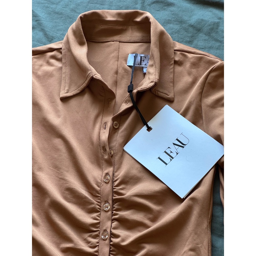 NWT L'EAU Berlin Button Up Mini Dress Chic Brown Ruched Long Sleeve Small Twee - Picture 7 of 10
